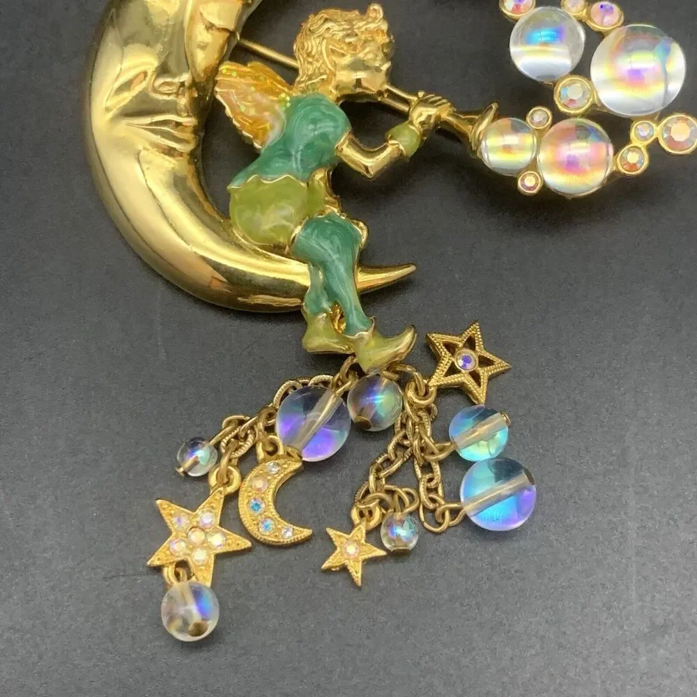 Vintage Kirks Folly Pipedream Fairy Moon Bubbles Charm Rhinestone Pin Brooch